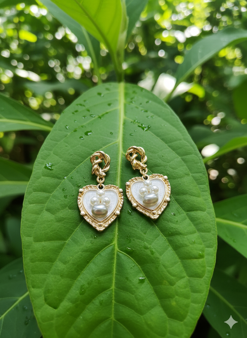 Golden Heart Pearl Earrings