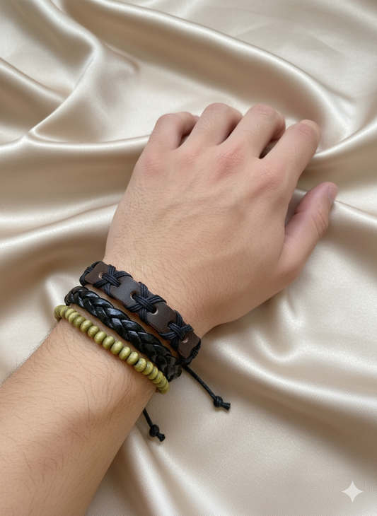 Braided Leather & Beaded Triple Band