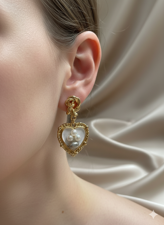 Golden Heart Pearl Earrings
